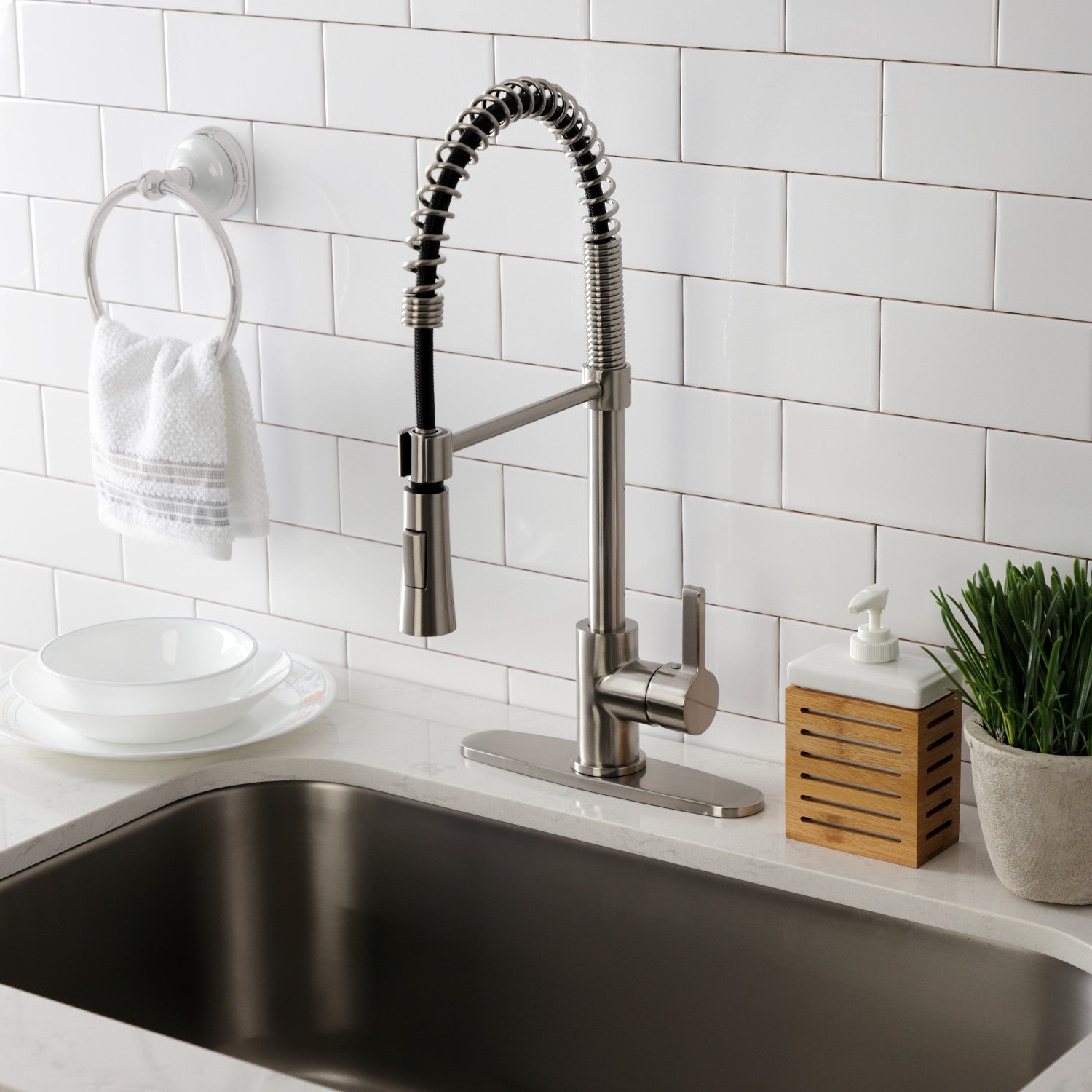 Kingston Sona LS8678CTL - Continental Single-Handle 1-Hole Deck Mount Pre-Rinse Kitchen Faucet, Brushed Nickel — thumbnail 2